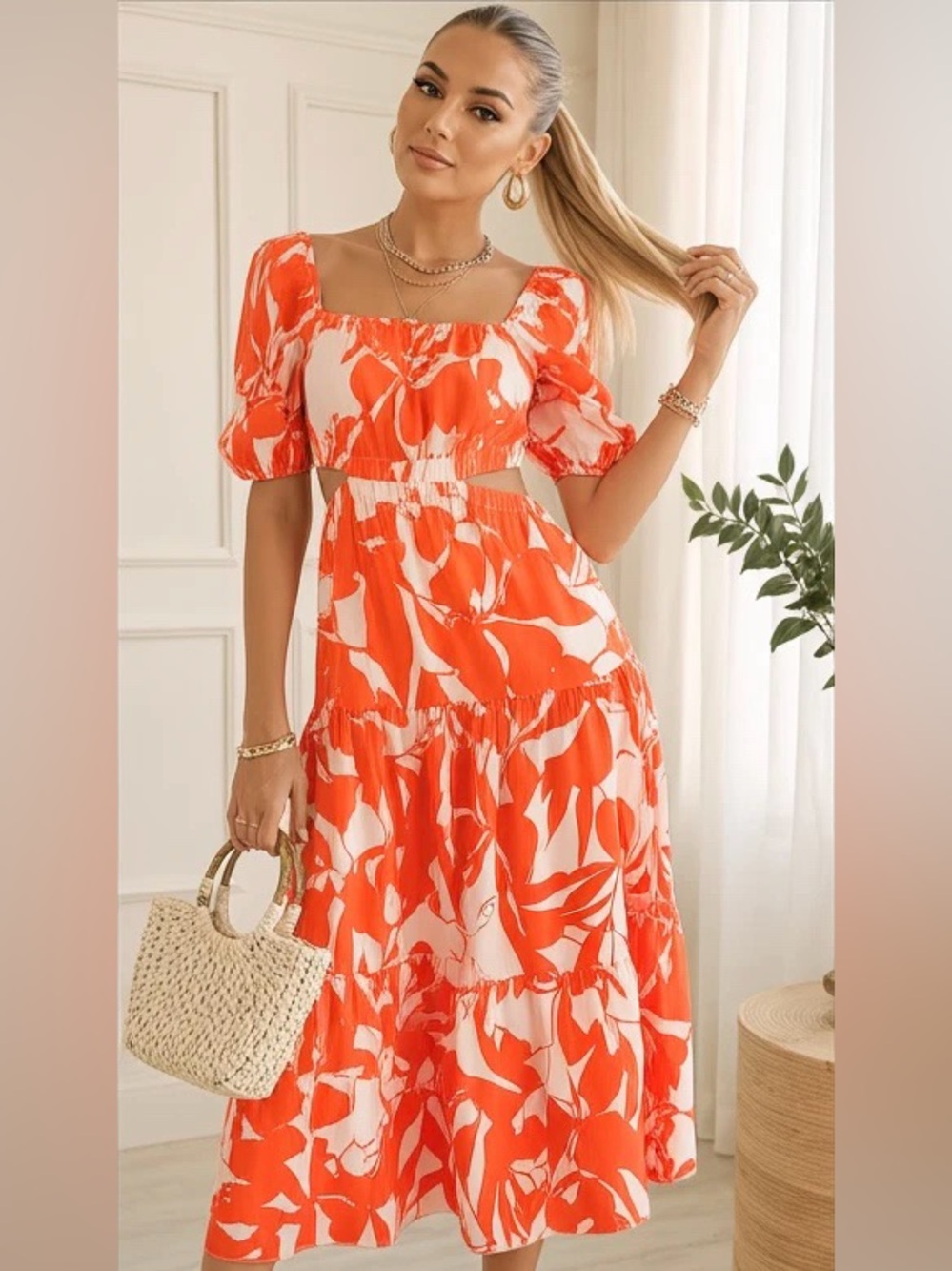 The Drop NWOT Anaya Cutout Tiered Maxi Dress Tomato Red Foliage Sz. S